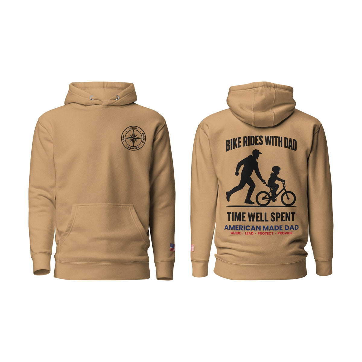 Bike Rides With Dad hoodie, Khaki, front and back