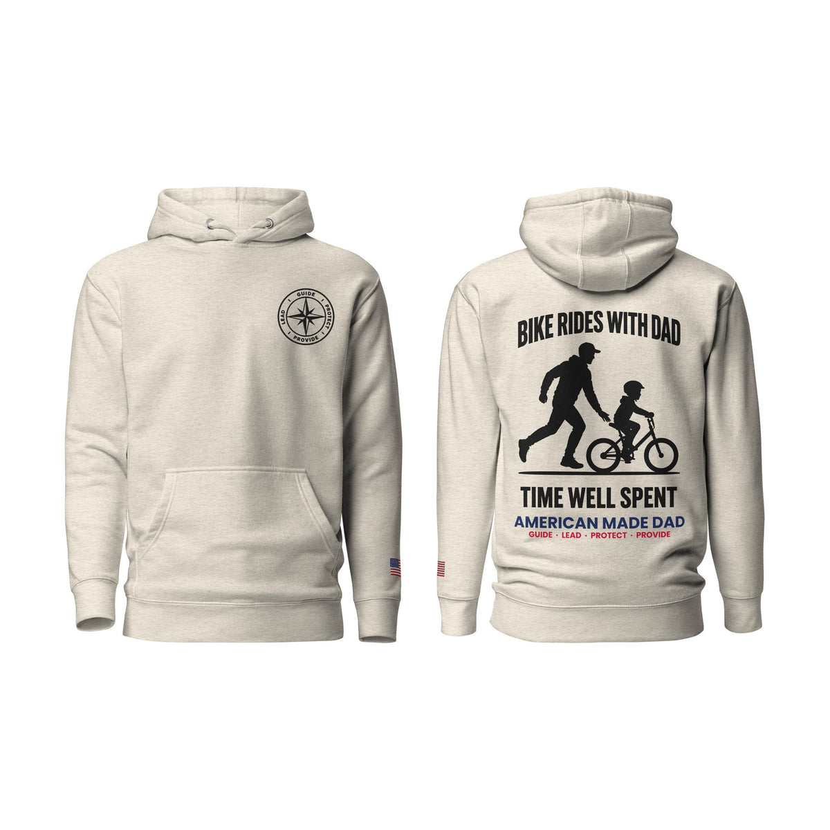 Bike Rides With Dad hoodie, Oatmeal Heather, front and back
