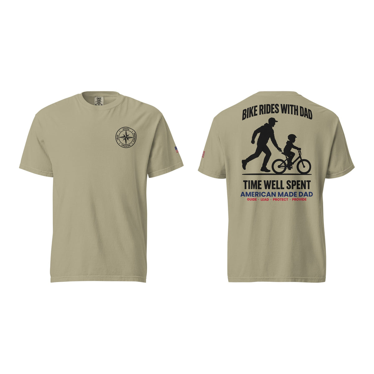 Bike Rides With Dad t-shirt, Khaki, front and back