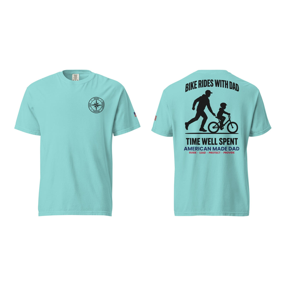 Bike Rides With Dad t-shirt, Lagoon Blue, front and back