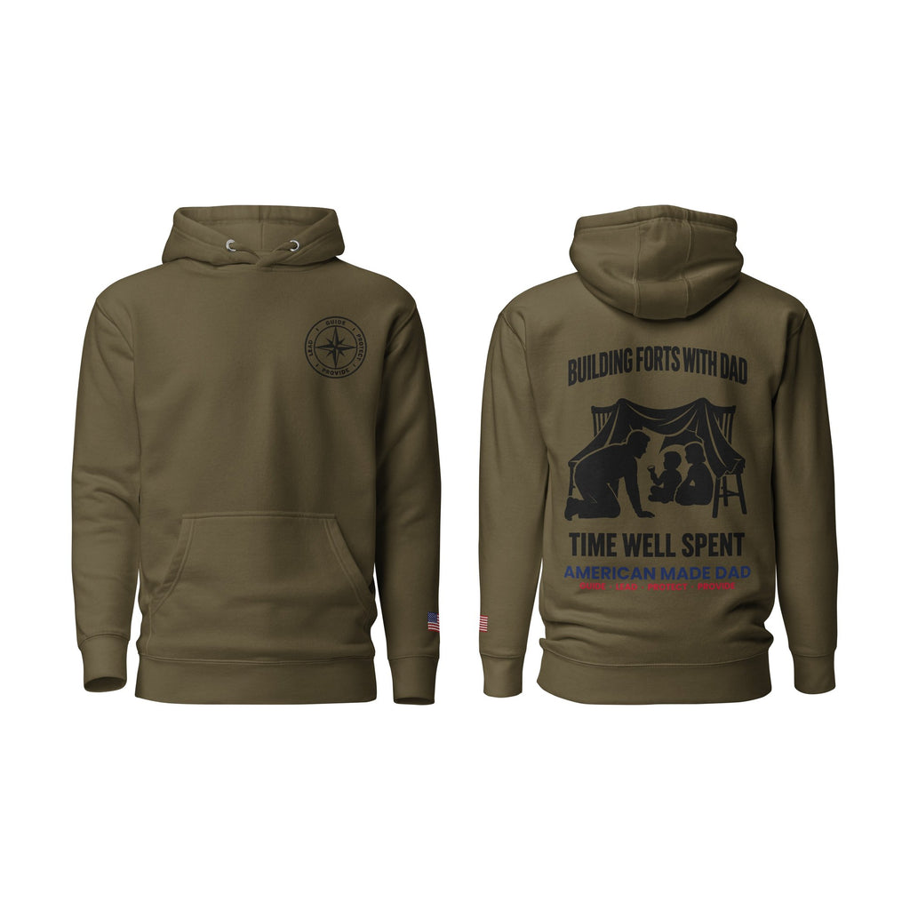 Building Forts With Dad hoodie, Military Green, front and back