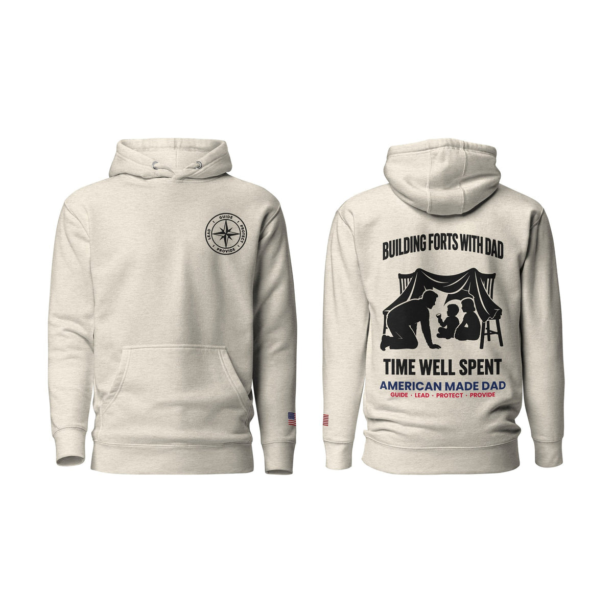 Building Forts With Dad hoodie, Oatmeal Heather, front and back