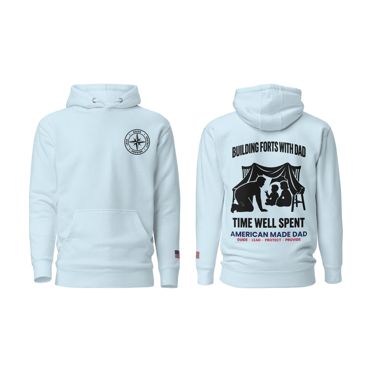 Building Forts With Dad hoodie, Sky Blue, front and back