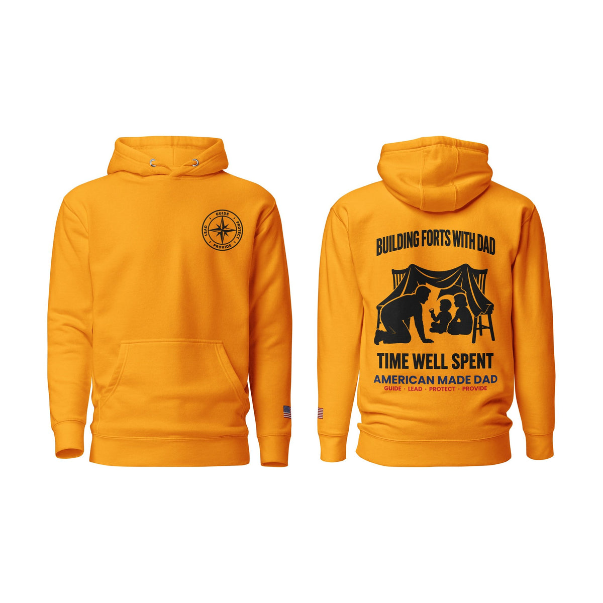 Building Forts With Dad hoodie, Team Gold, front and back