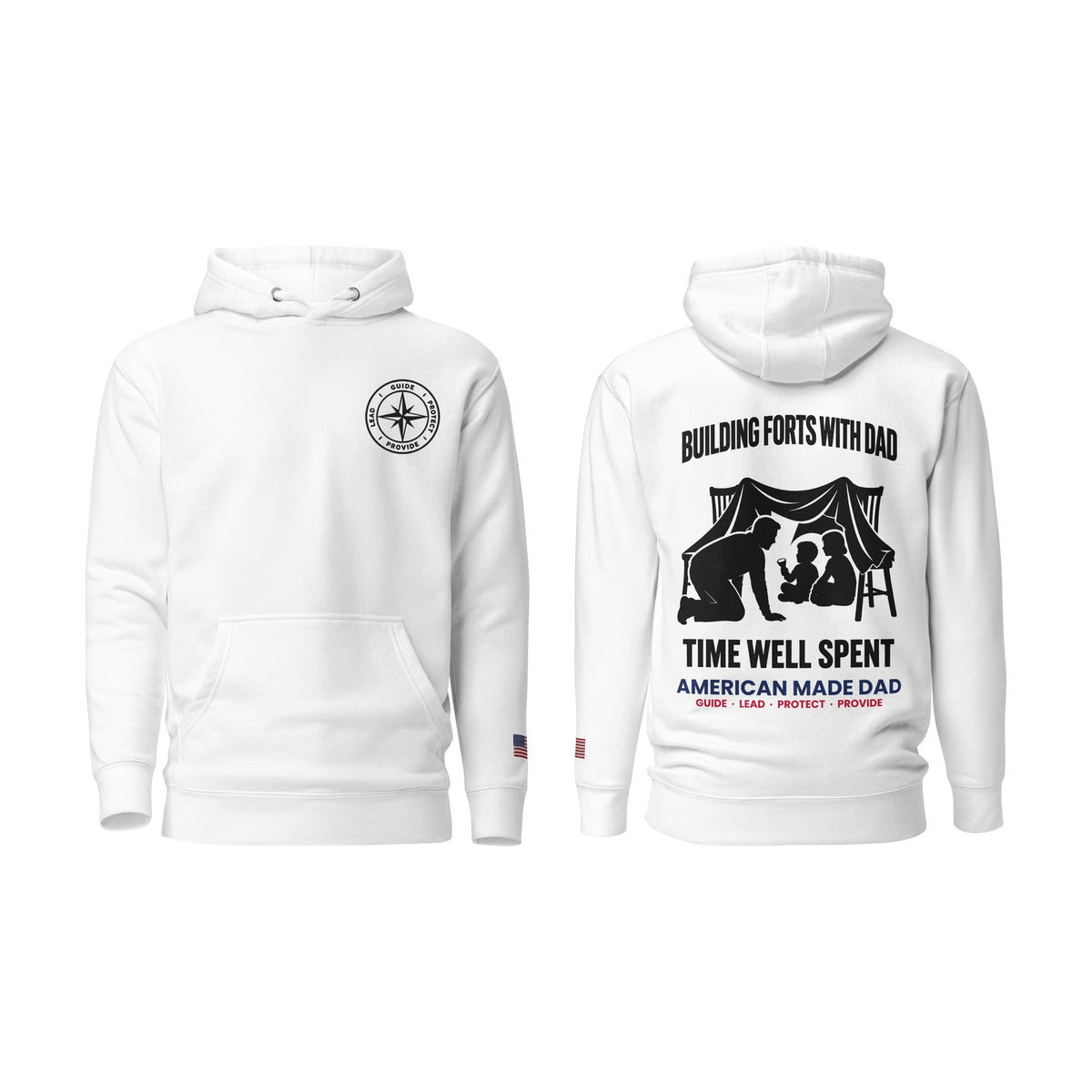 Building Forts With Dad hoodie, White, front and back