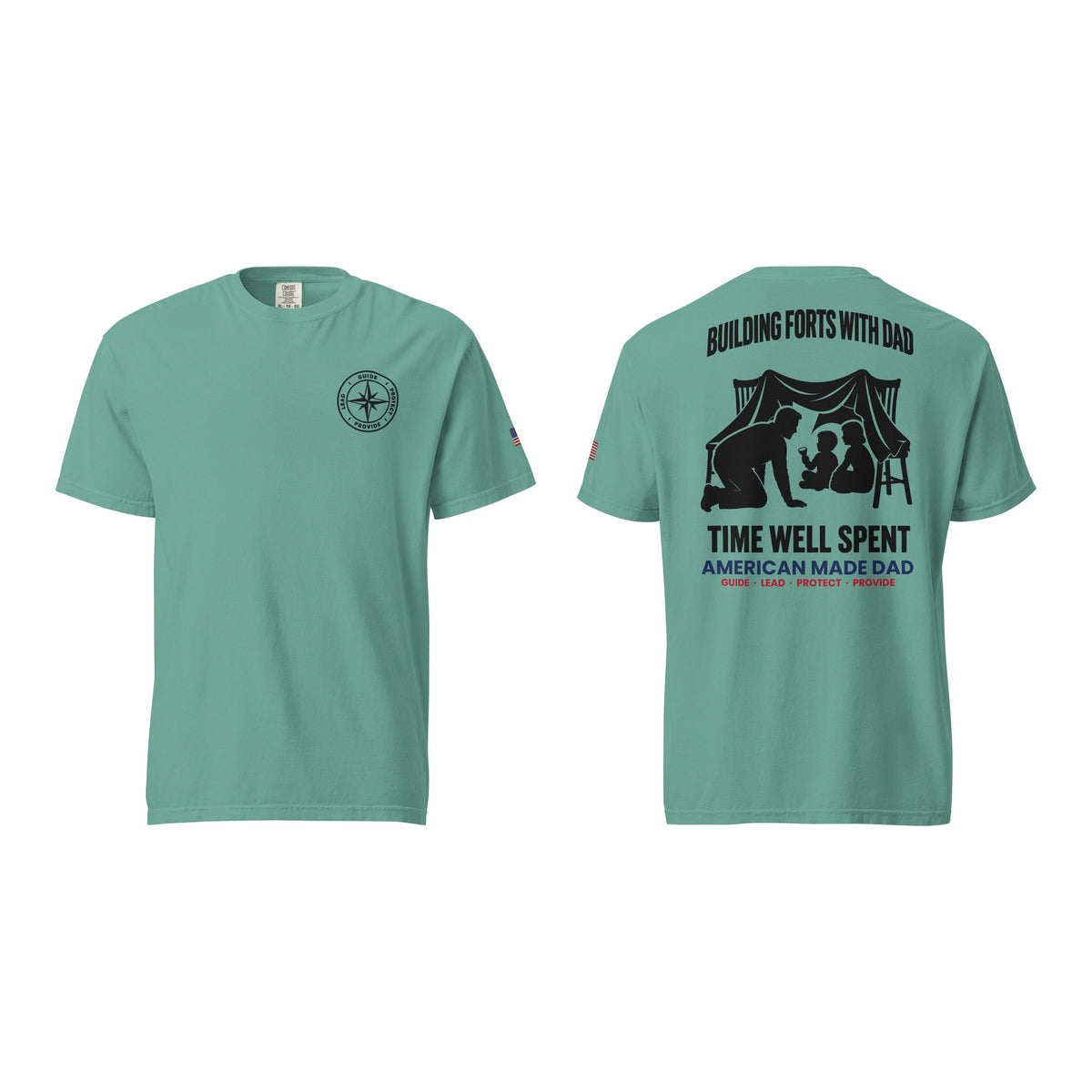 Building Forts With Dad t-shirt, Seafoam, front and back