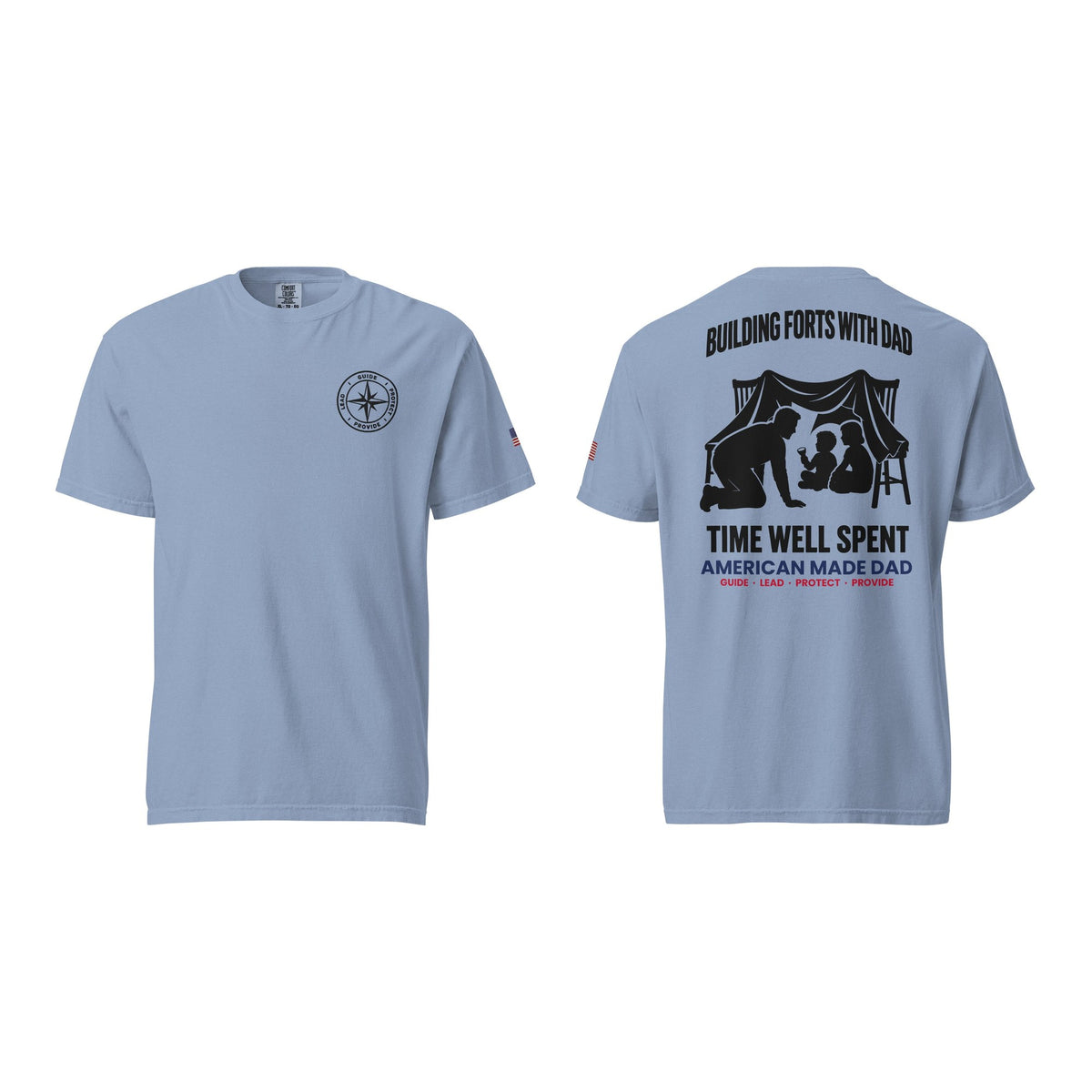 Building Forts With Dad t-shirt, Washed Denim, front and back