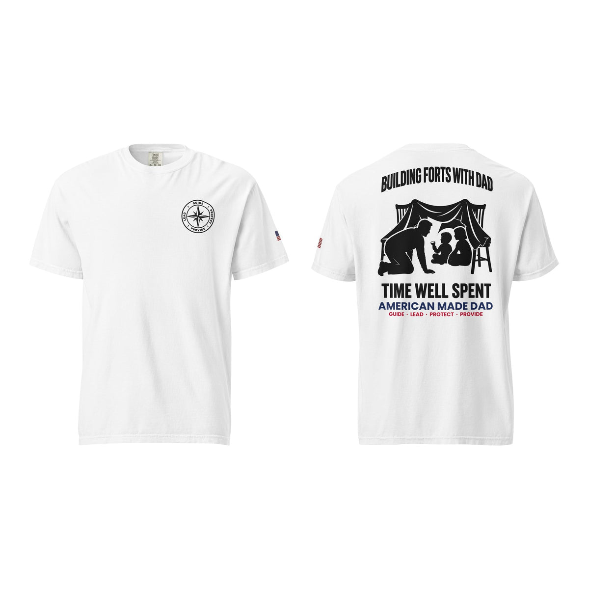 Building Forts With Dad t-shirt, White, front and back