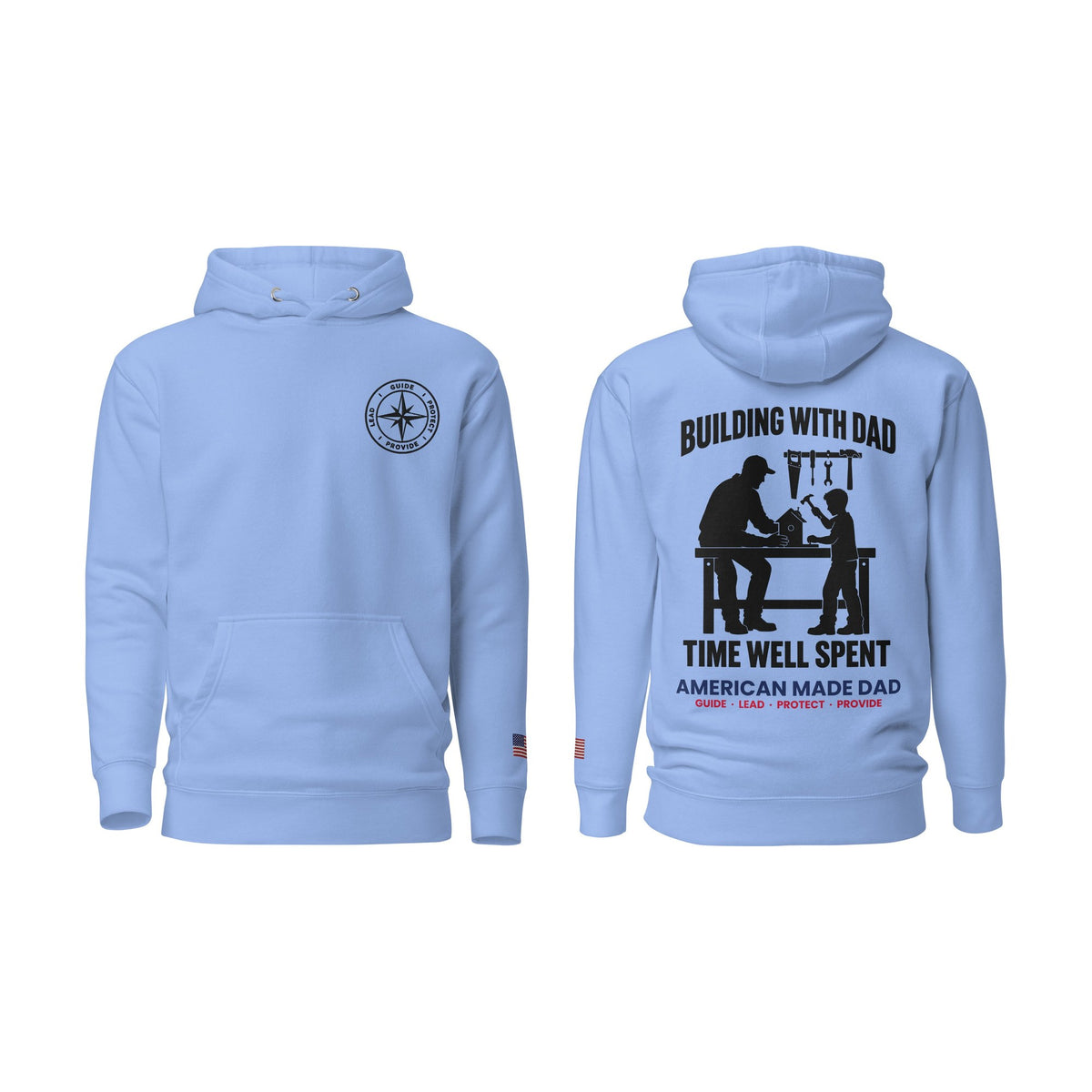 Building With Dad hoodie, Carolina Blue, front and back