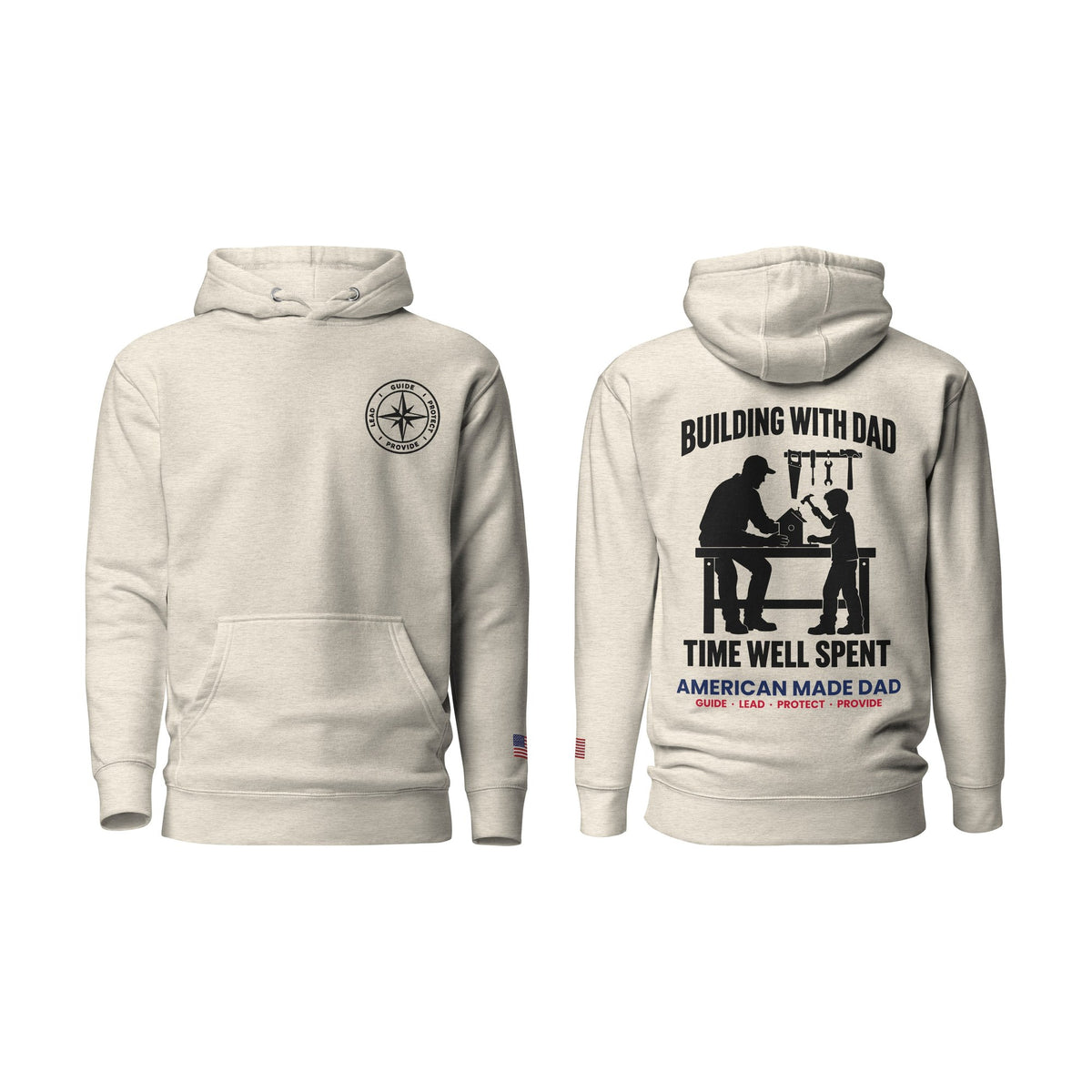Building With Dad hoodie, Oatmeal Heather, front and back