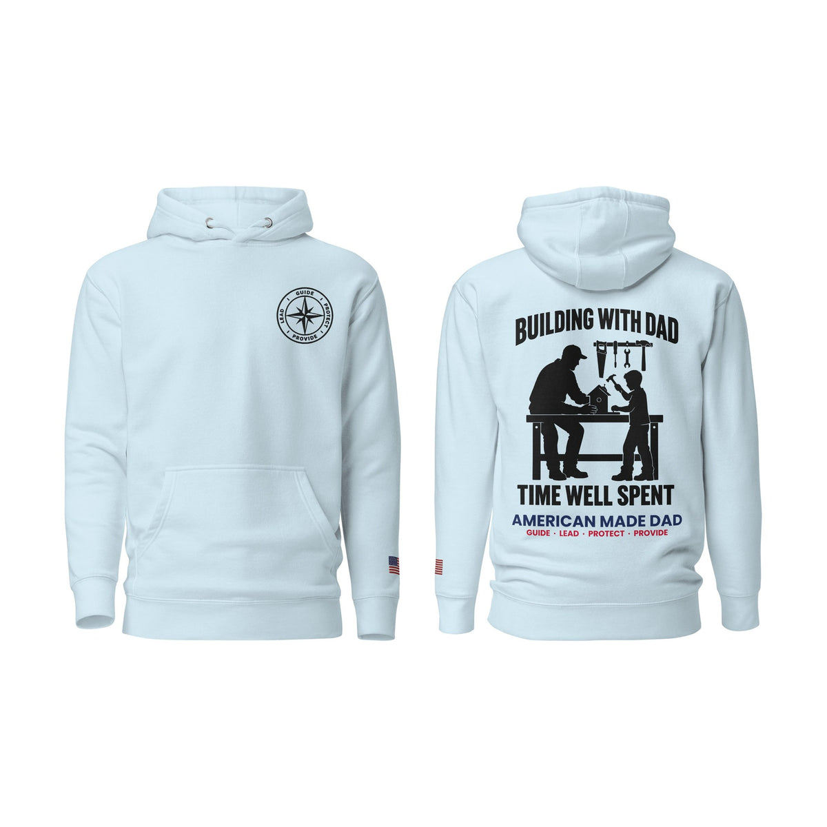 Building With Dad hoodie, Sky Blue, front and back