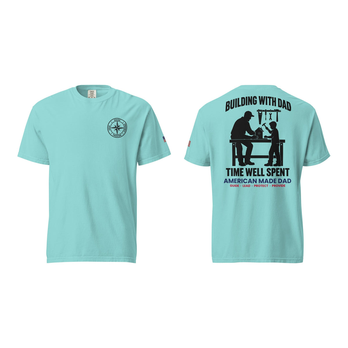 Building With Dad t-shirt, Lagoon Blue, front and back