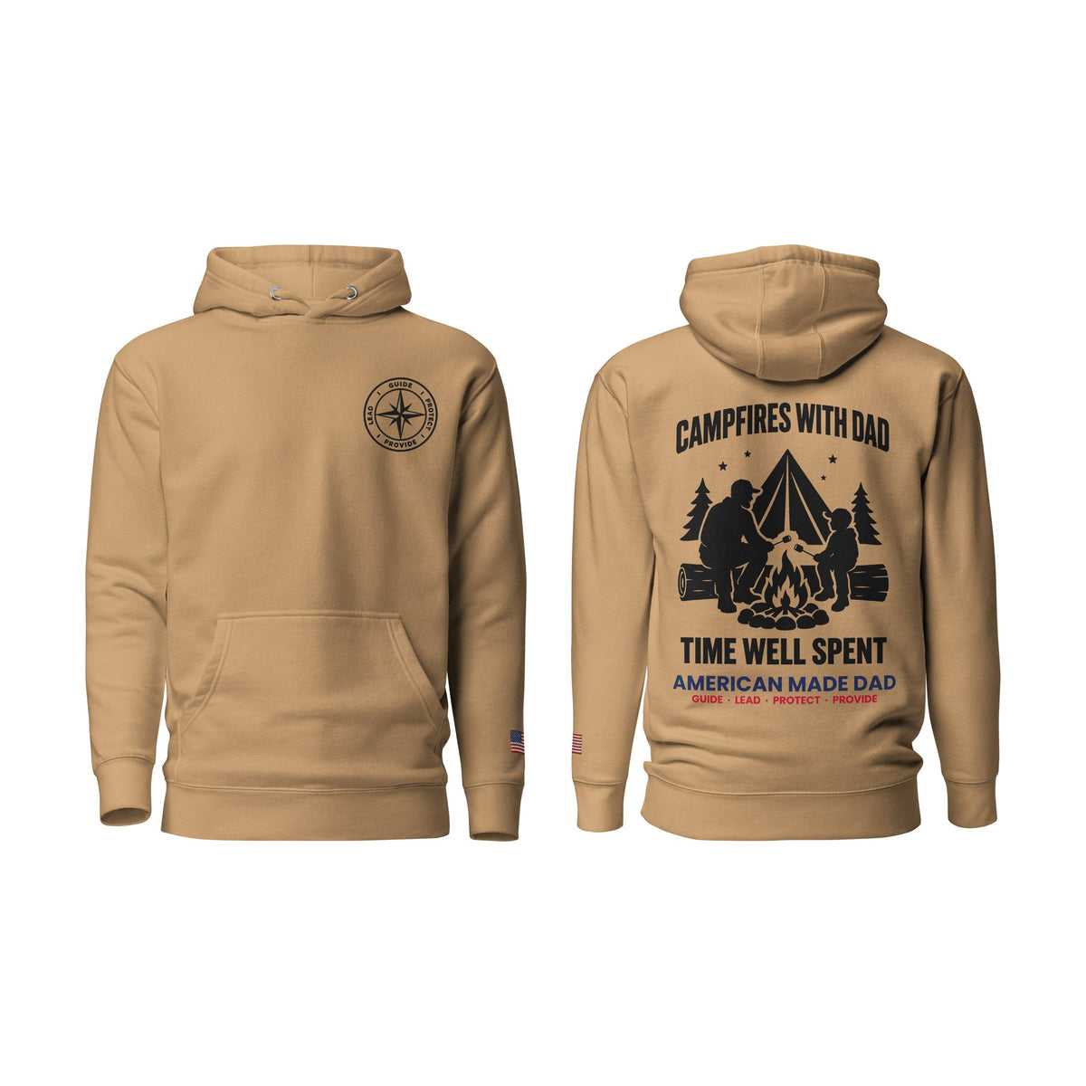 Campfires With Dad hoodie, Khaki, front and back