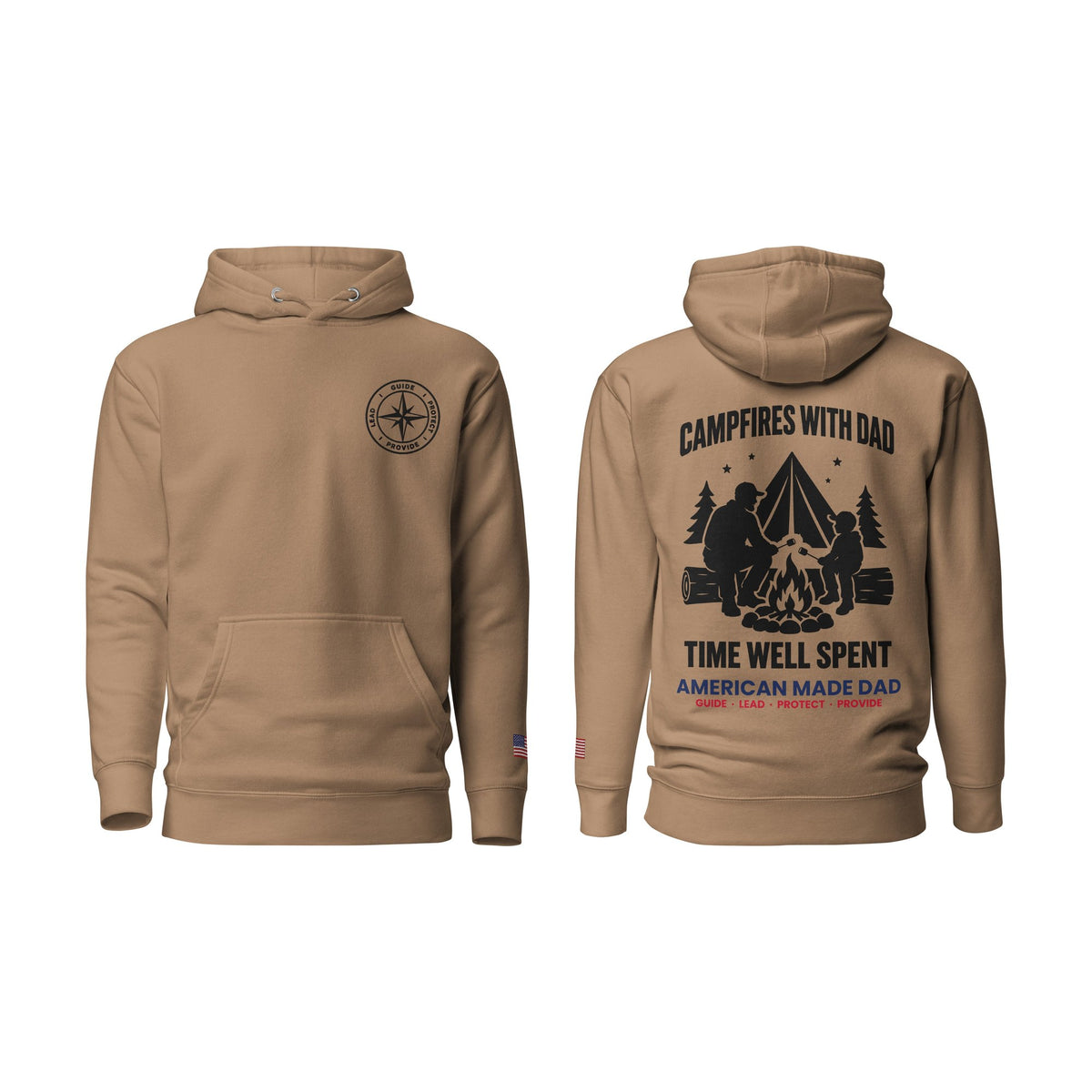 Campfires With Dad hoodie, Latte, front and back