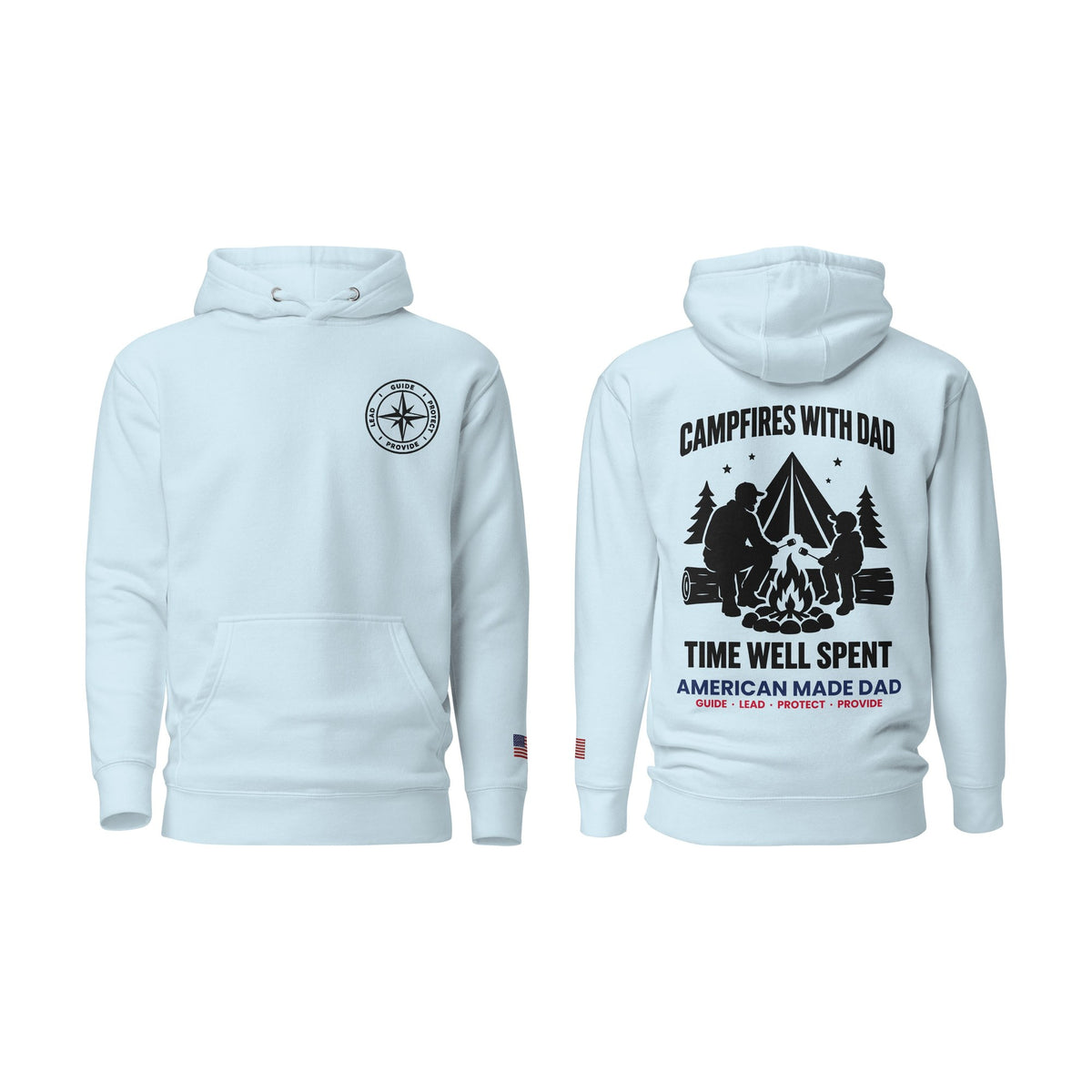 Campfires With Dad hoodie, Sky Blue, front and back