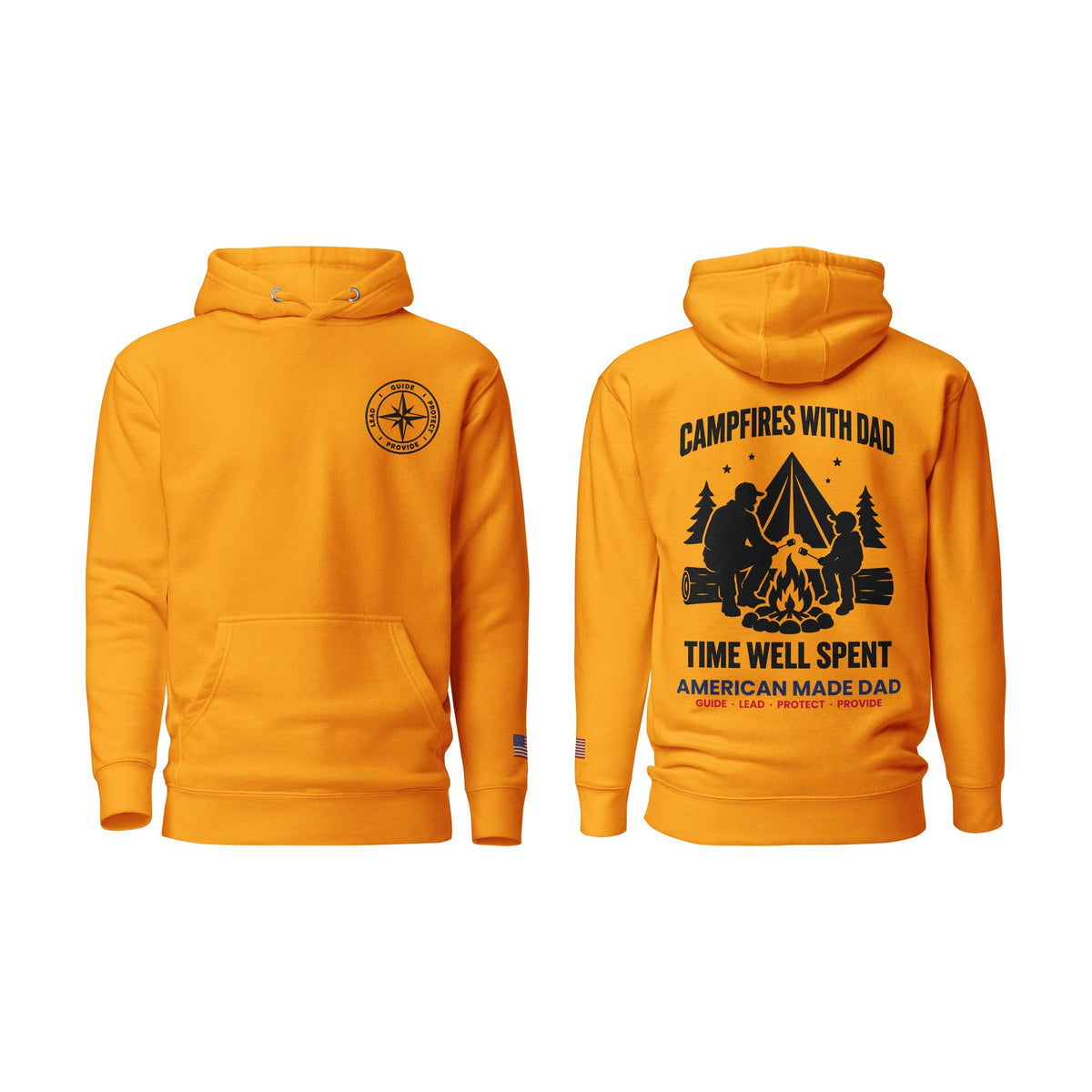 Campfires With Dad hoodie, Team Gold, front and back
