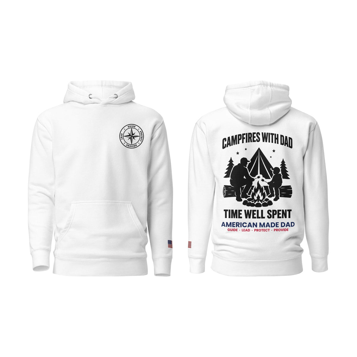 Campfires With Dad hoodie, White, front and back