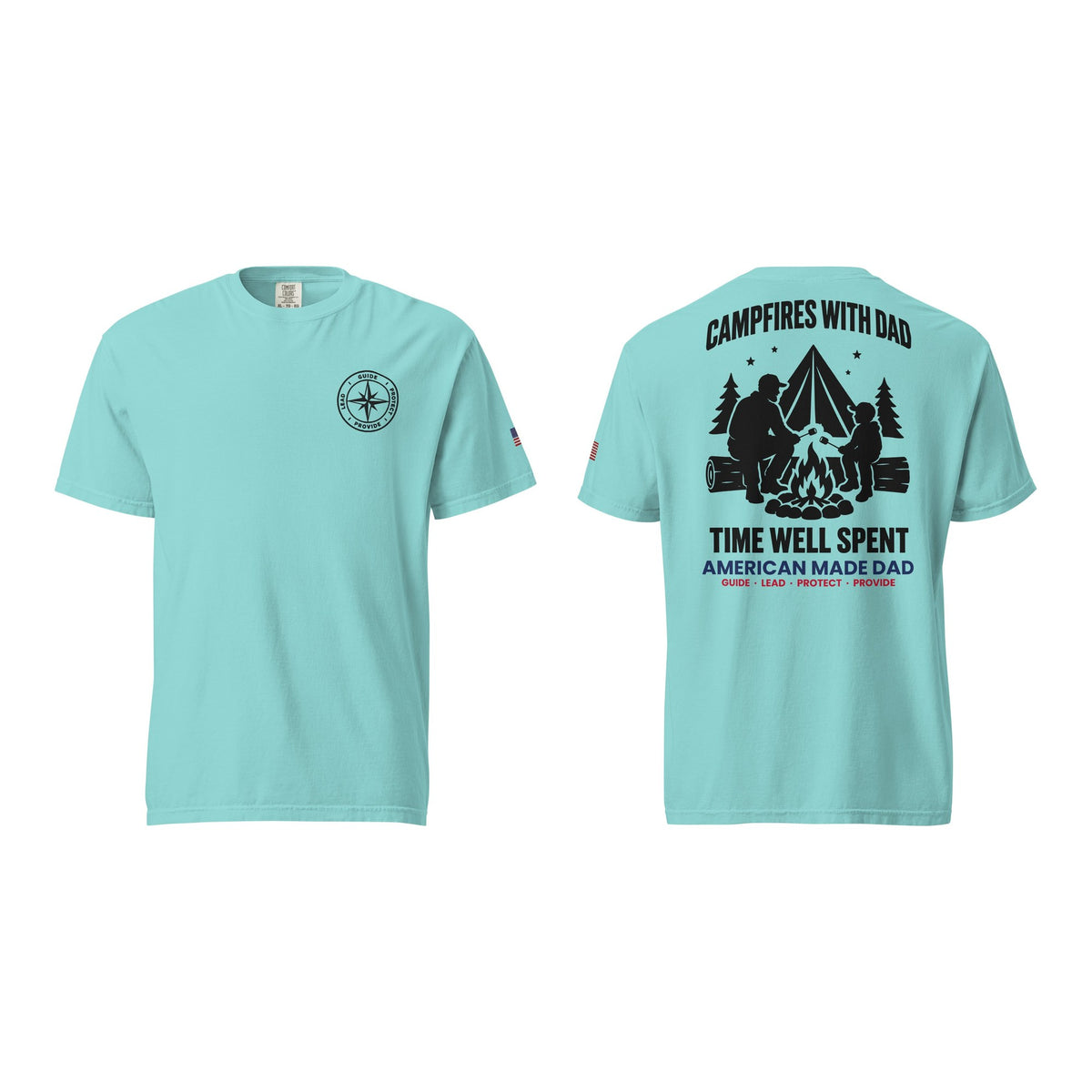 Campfires With Dad t-shirt, Lagoon Blue, front and back