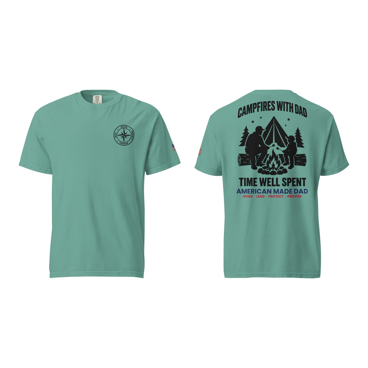 Campfires With Dad t-shirt, Seafoam, front and back
