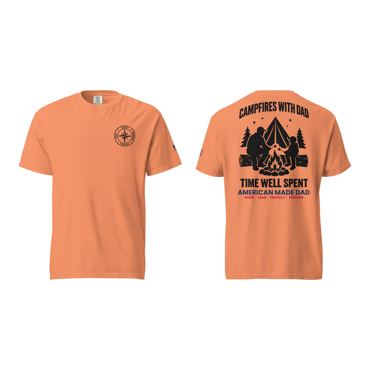 Campfires With Dad t-shirt, Terracotta, front and back