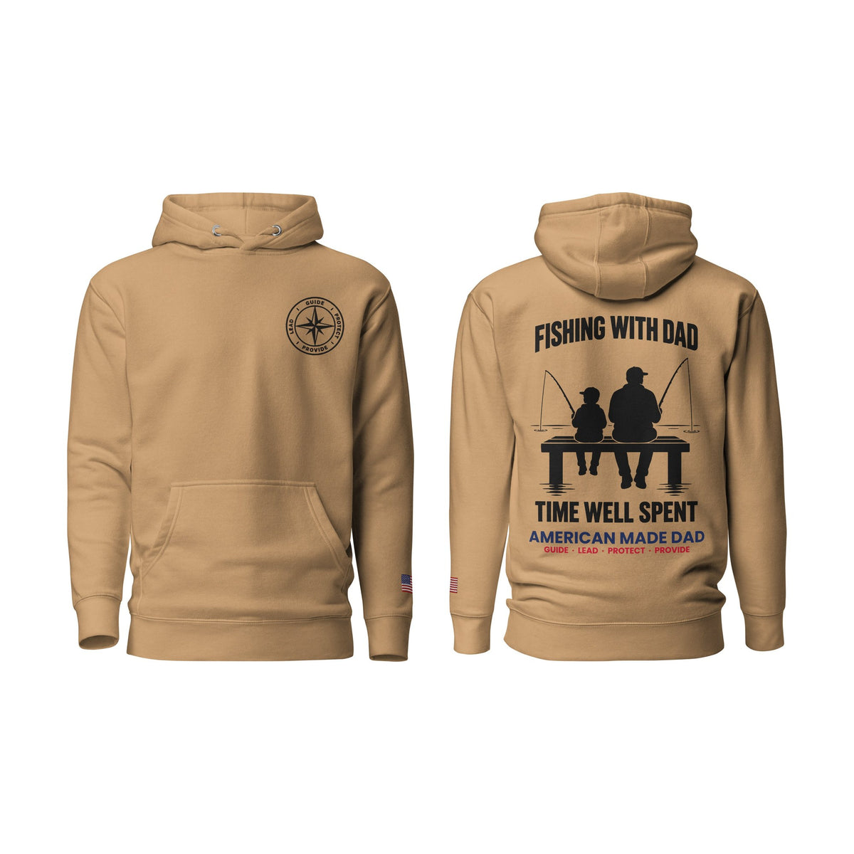 Fishing With Dad hoodie, Khaki, front and back