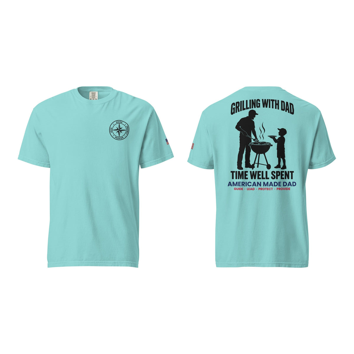 Grilling With Dad t-shirt, Lagoon Blue, front and back