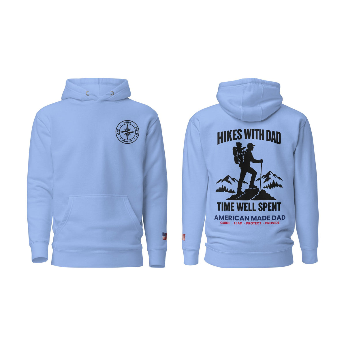 Hikes With Dad hoodie, Carolina Blue, front and back