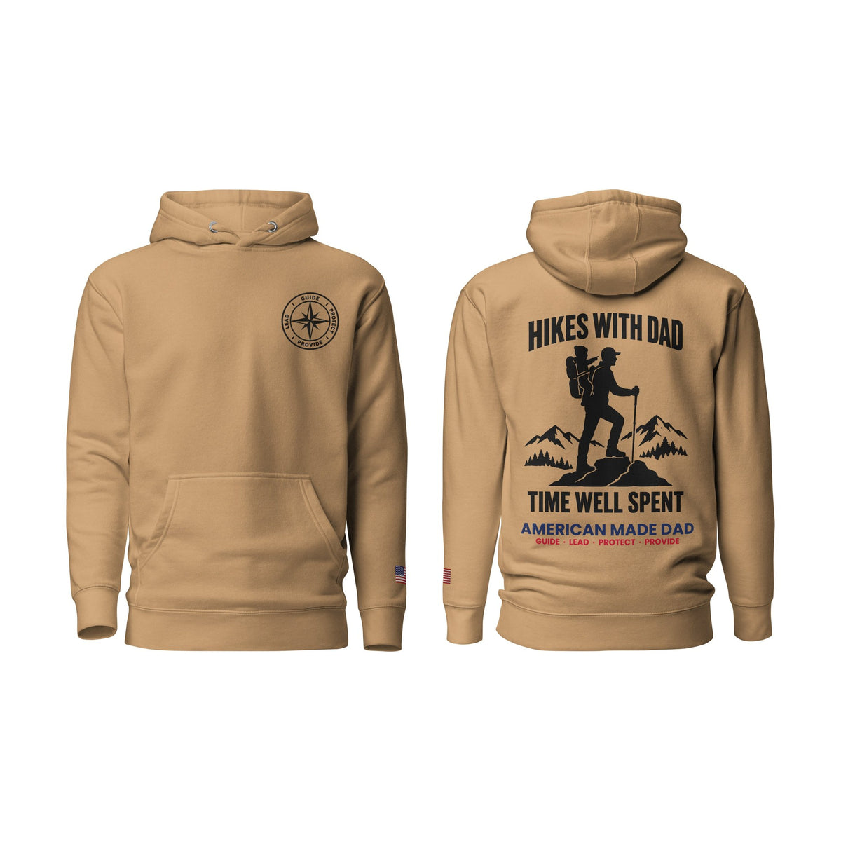 Hikes With Dad hoodie, Khaki, front and back