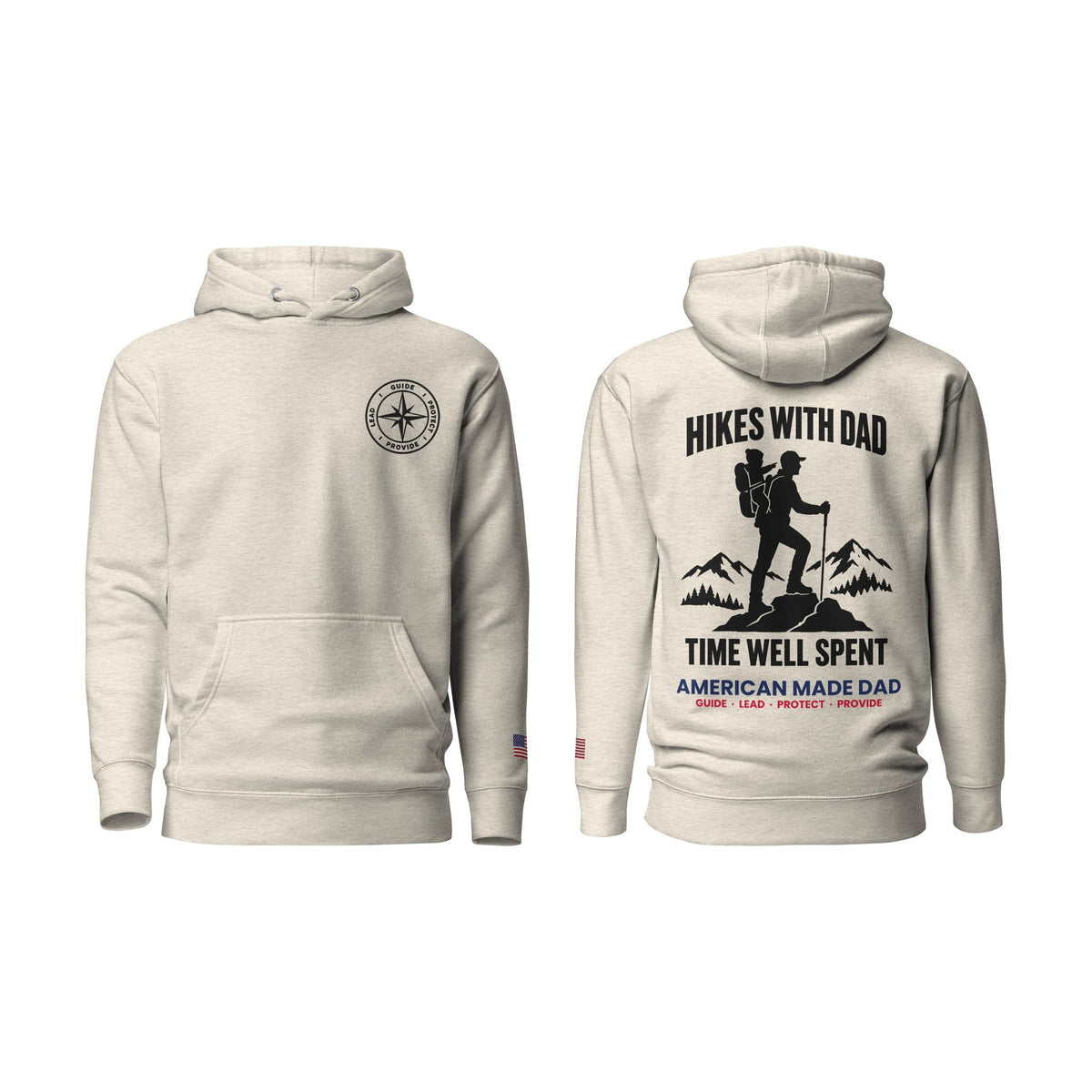 Hikes With Dad hoodie, Oatmeal Heather, front and back