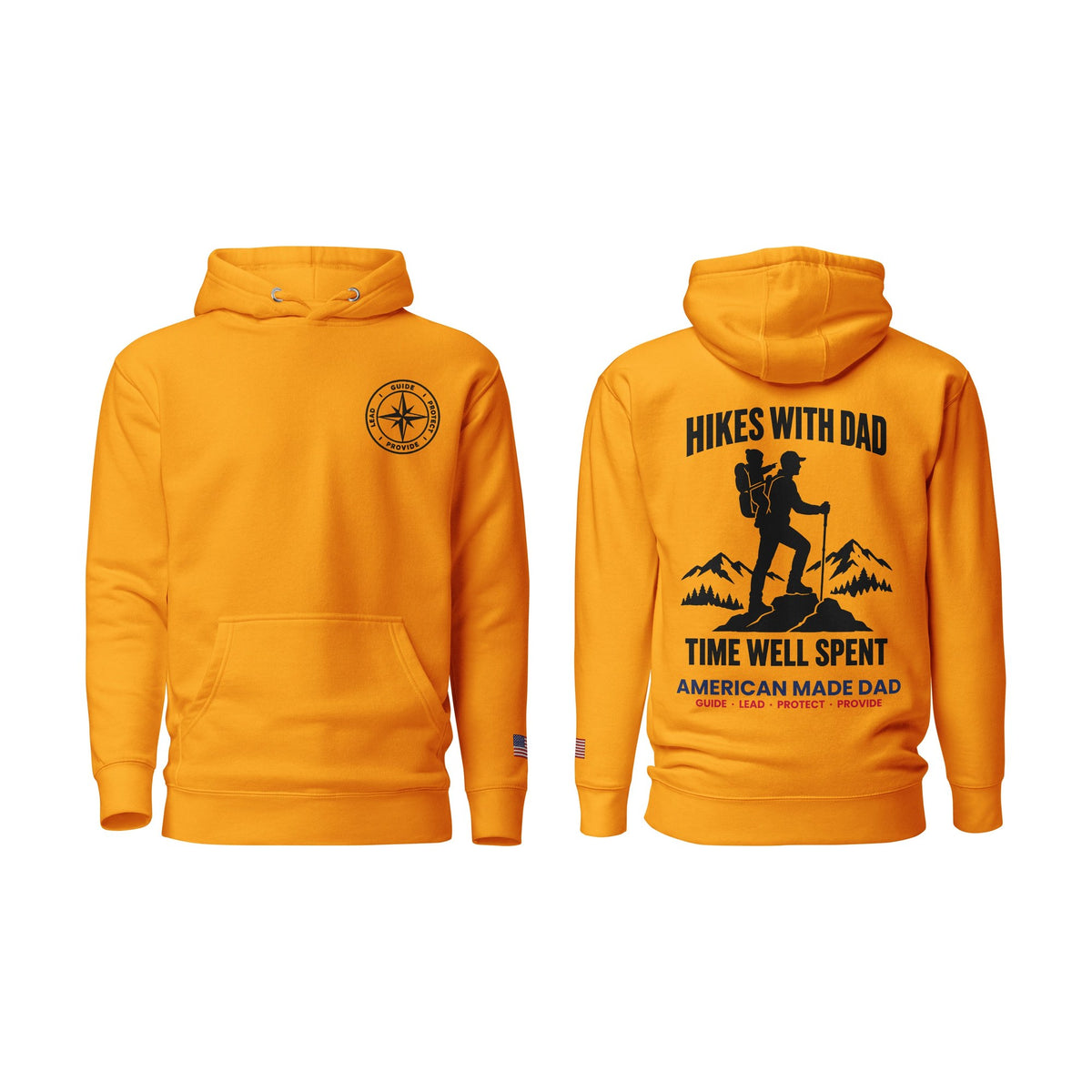 Hikes With Dad hoodie, Team Gold, front and back