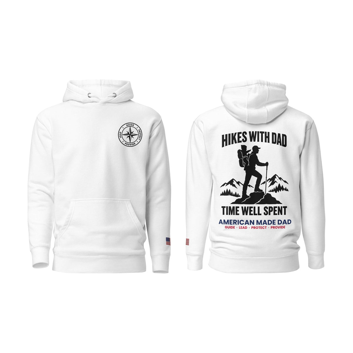 Hikes With Dad hoodie, White, front and back