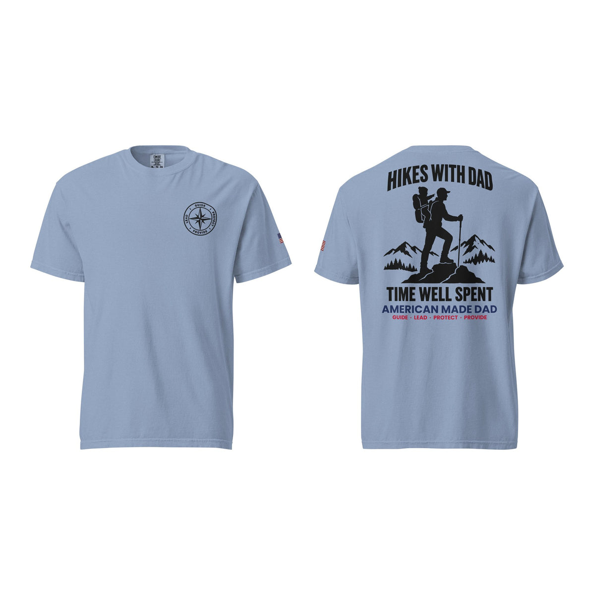 Hikes With Dad t-shirt, Washed Denim, front and back