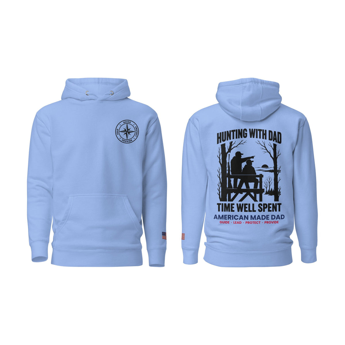 Hunting With Dad hoodie, Carolina Blue, front and back