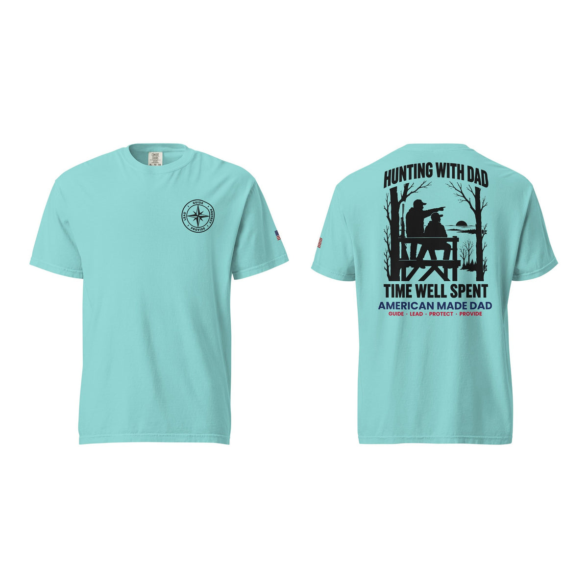 Hunting With Dad t-shirt, Lagoon Blue, front and back