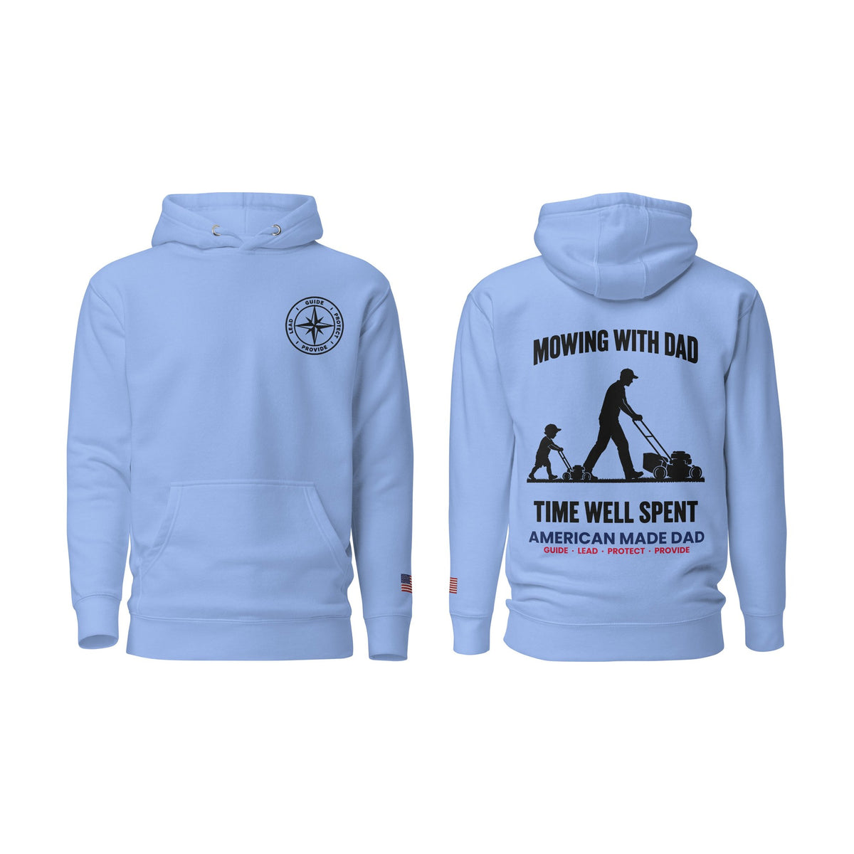 Mowing With Dad hoodie, Carolina Blue, front and back