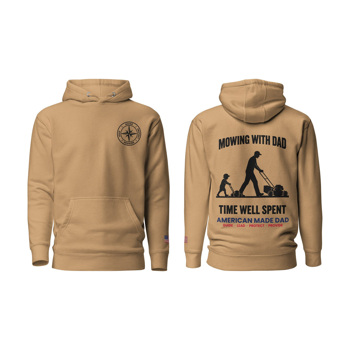 Mowing With Dad hoodie, Khaki, front and back