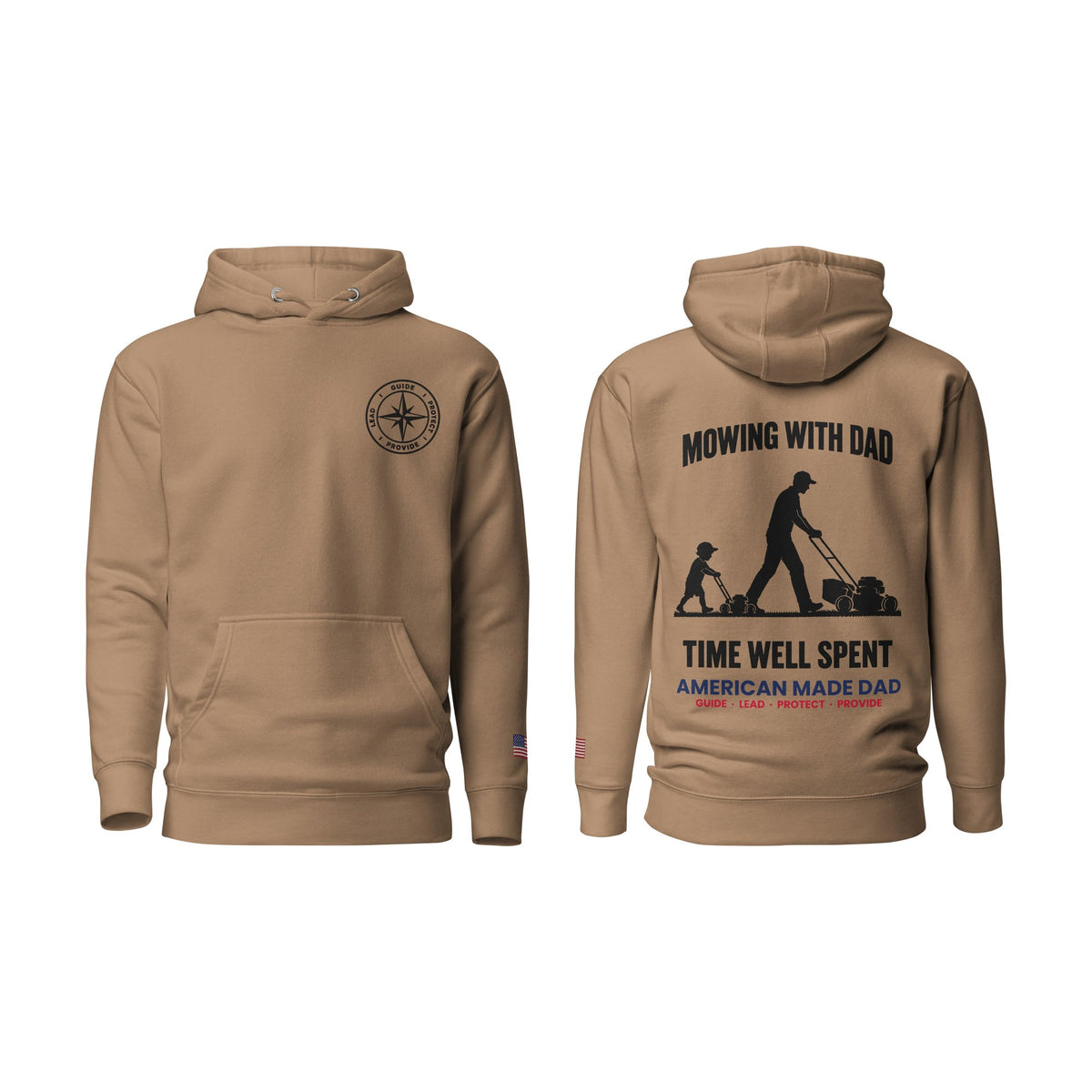 Mowing With Dad hoodie, Latte, front and back
