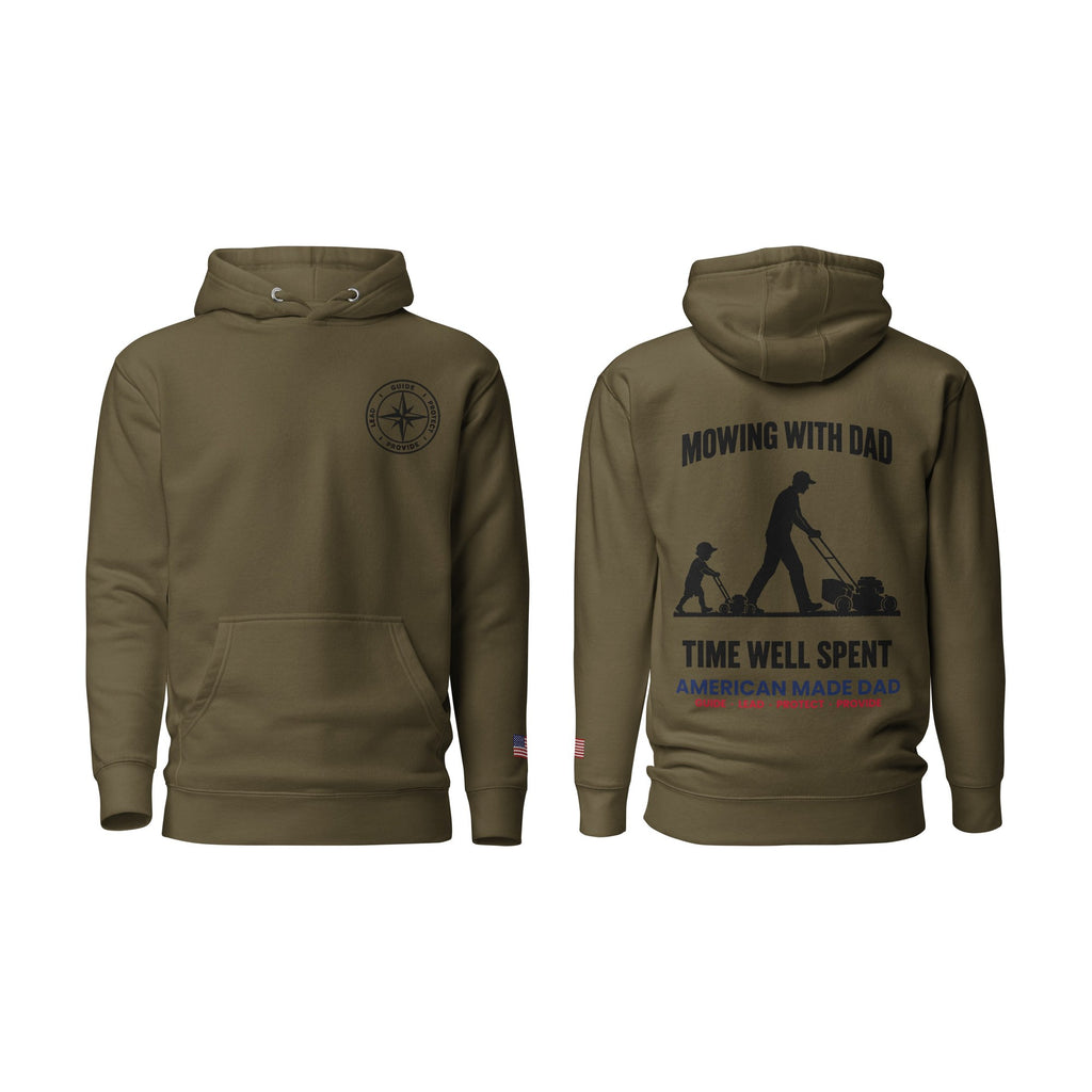 Mowing With Dad hoodie, Military Green, front and back