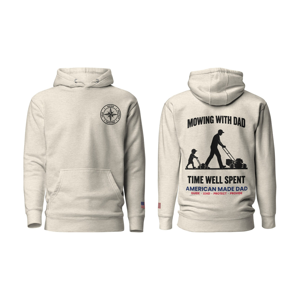 Mowing With Dad hoodie, Oatmeal Heather, front and back
