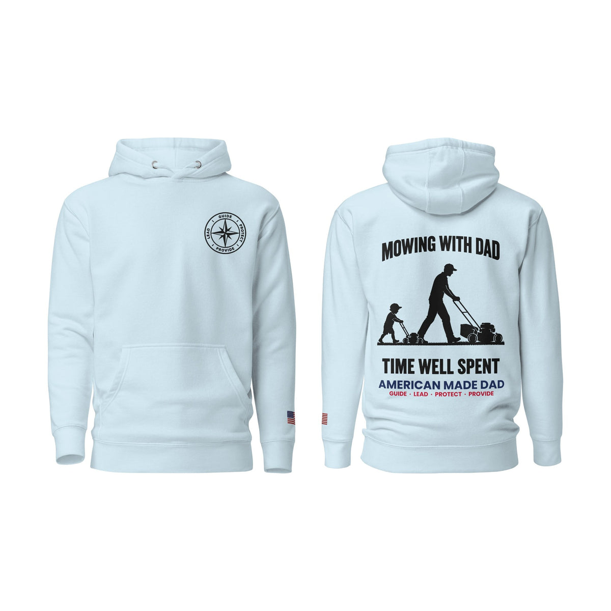 Mowing With Dad hoodie, Sky Blue, front and back