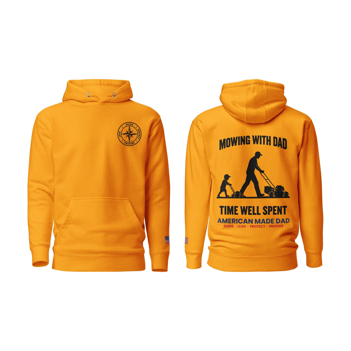 Mowing With Dad hoodie, Team Gold, front and back