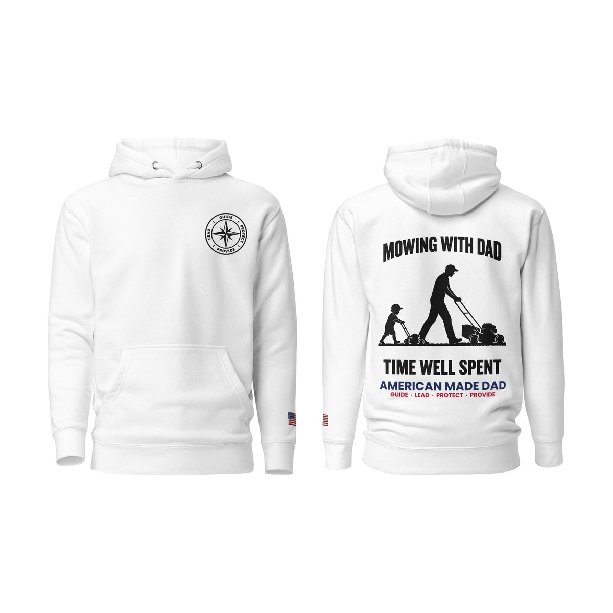 Mowing With Dad hoodie, White, front and back