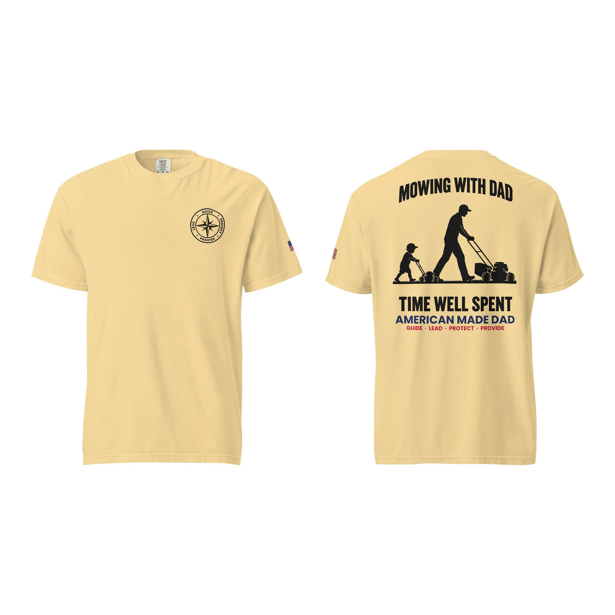 Mowing With Dad t-shirt, Butter, front and back