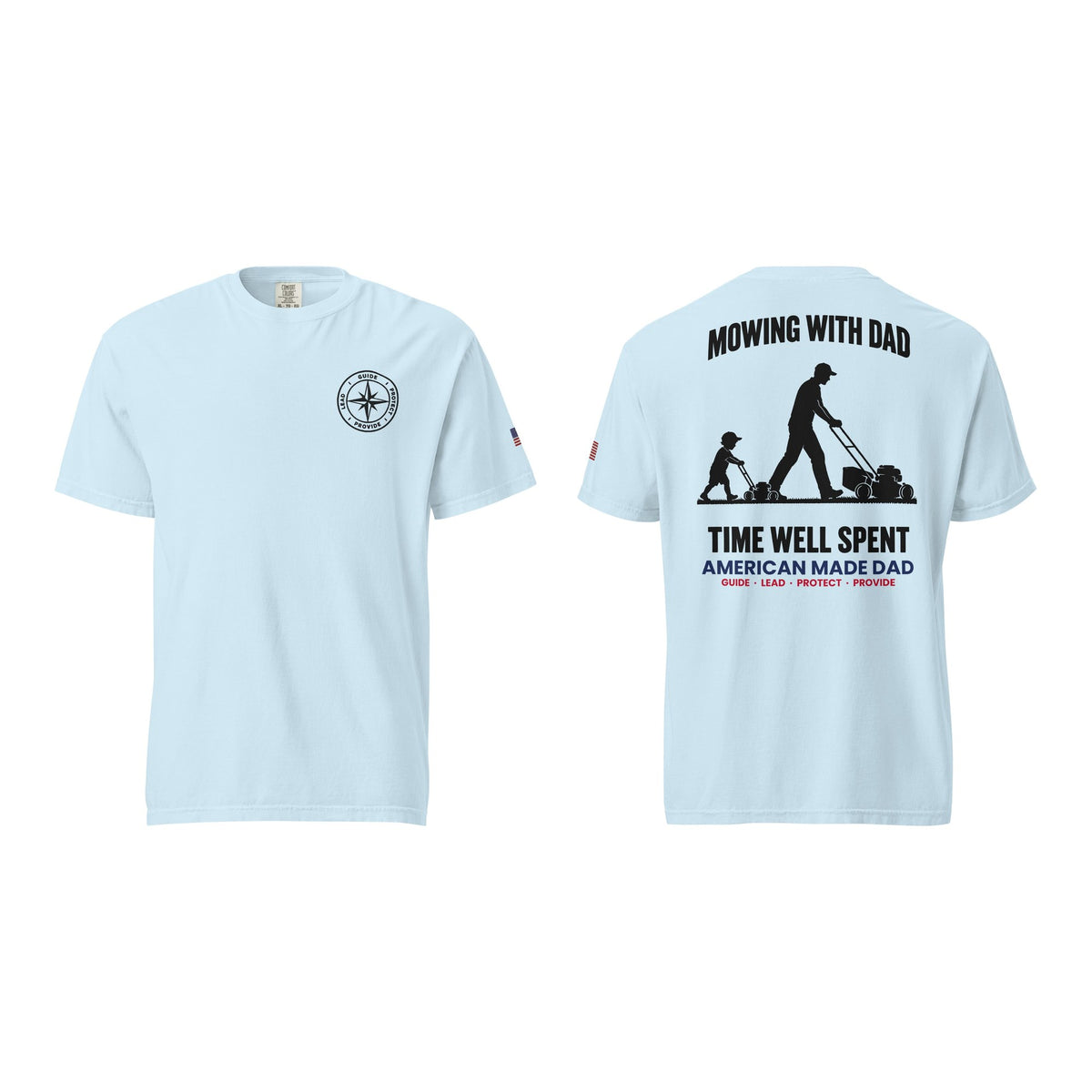 Mowing With Dad t-shirt, Chambray, front and back