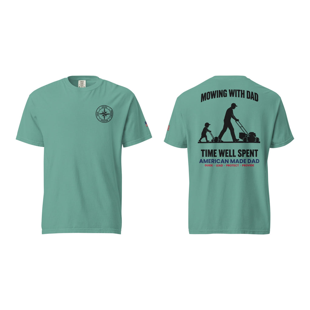 Mowing With Dad t-shirt, Seafoam, front and back