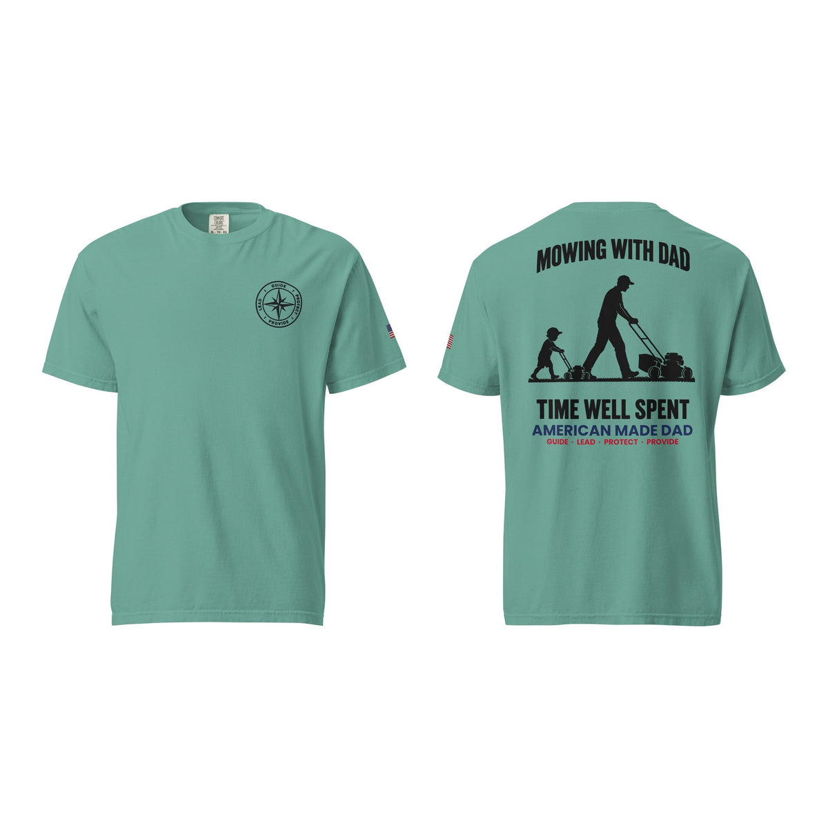 Mowing With Dad t-shirt, Seafoam, front and back