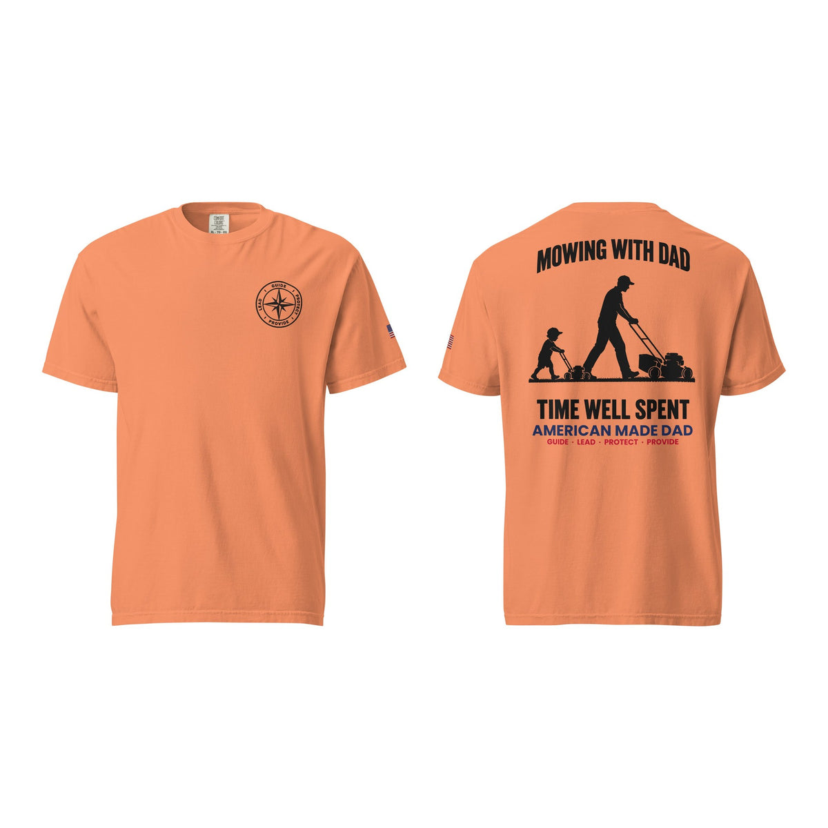 Mowing With Dad t-shirt, Terracotta, front and back