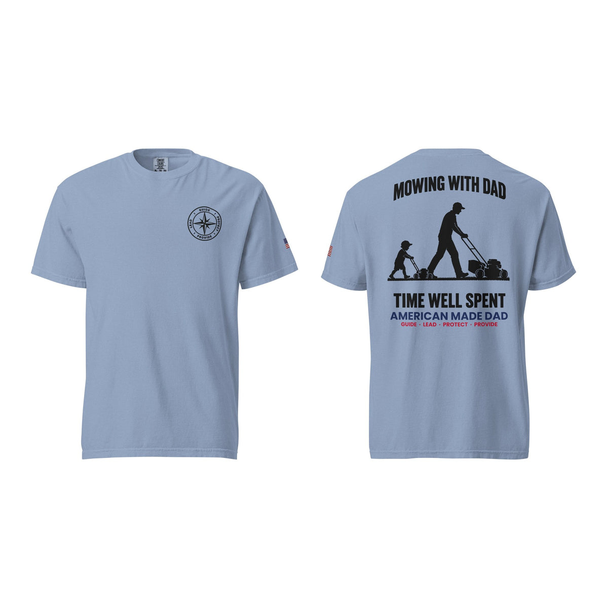 Mowing With Dad t-shirt, Washed Denim, front and back