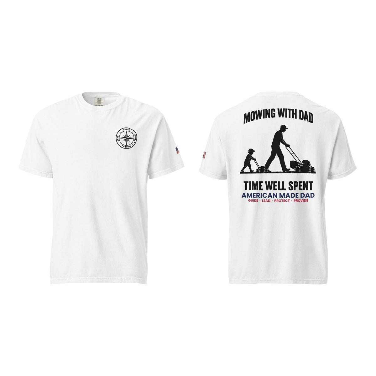 Mowing With Dad t-shirt, White, front and back