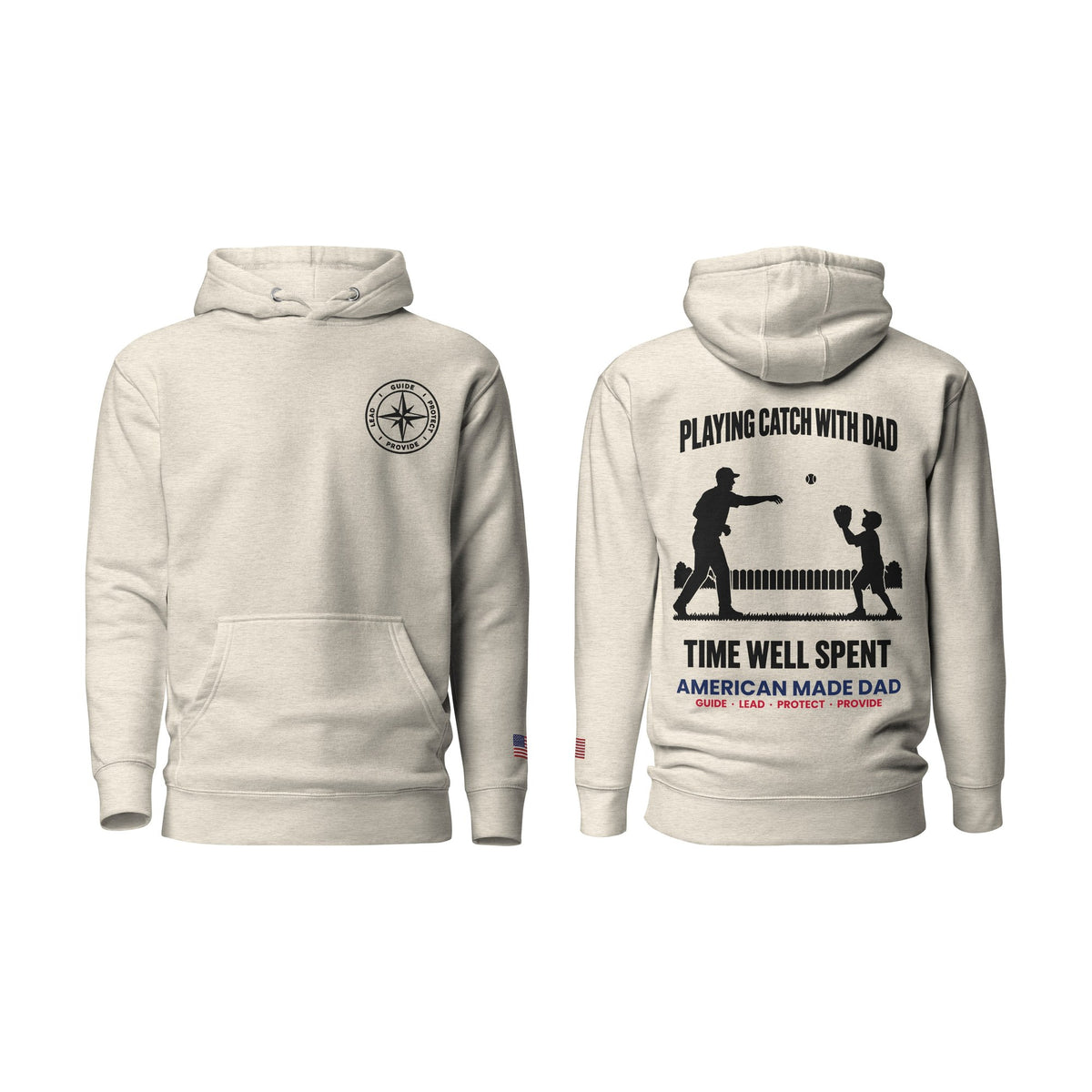 Playing Catch With Dad hoodie, Oatmeal Heather, front and back